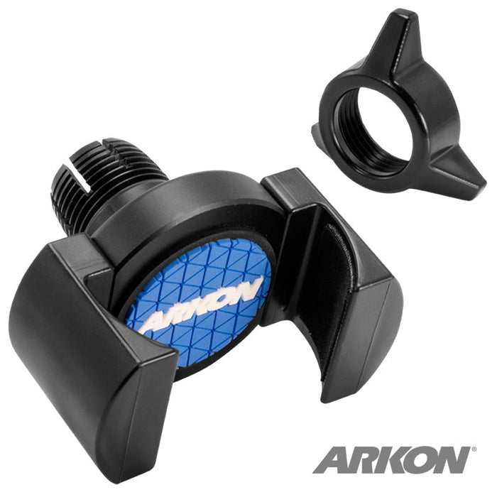 A black and blue RoadVise® Phone Holder with adjustable grips and a matching tightening knob, shown on a white background. The Arkon logo appears at the center and bottom right. Compatible with 17mm ball mounts.
