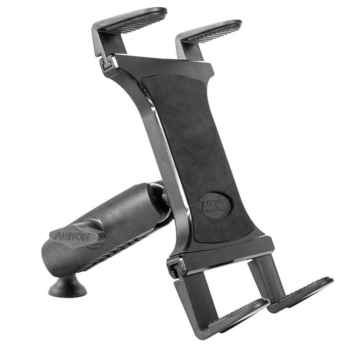 The Slim-Grip® Tripod Tablet Mount with 3.75 Shaft features a black design, suction cup base, and two padded grips—ideal for securely mounting your tablet as a versatile tripod adapter.