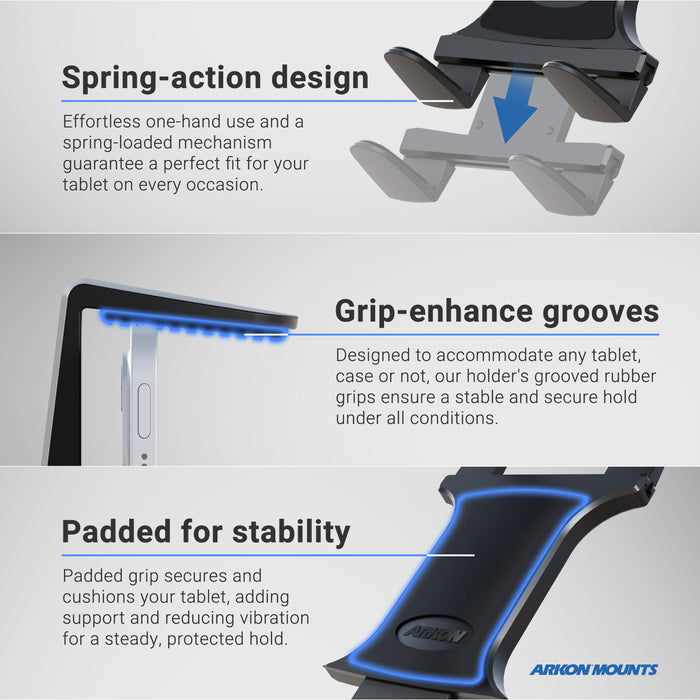 The Slim-Grip® Tripod Tablet Mount with 3.75 Shaft has spring-action, grip-enhance grooves with rubber grips, and padded sections for stable, vibration-free tablet support—ideal for hands-free use as a tripod mount.