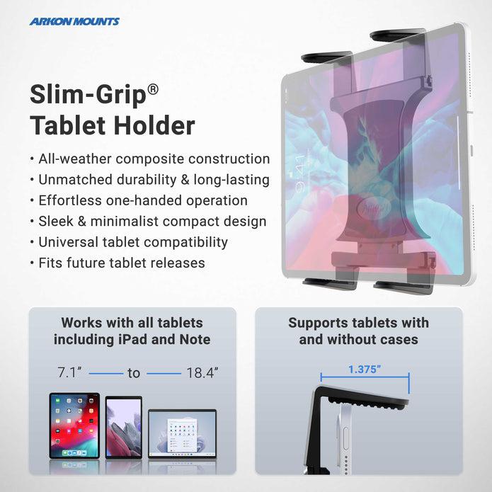 Promotional image for the Slim-Grip® Tripod Tablet Mount with 3.75 Shaft shows its adjustable holder securing a tablet. Key features, like compatibility with many tablets and cases as a tripod mount, are listed next to the product image.