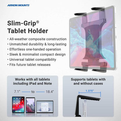 Promotional image for the Slim-Grip® Tripod Tablet Mount with 3.75 Shaft shows its adjustable holder securing a tablet. Key features, like compatibility with many tablets and cases as a tripod mount, are listed next to the product image.