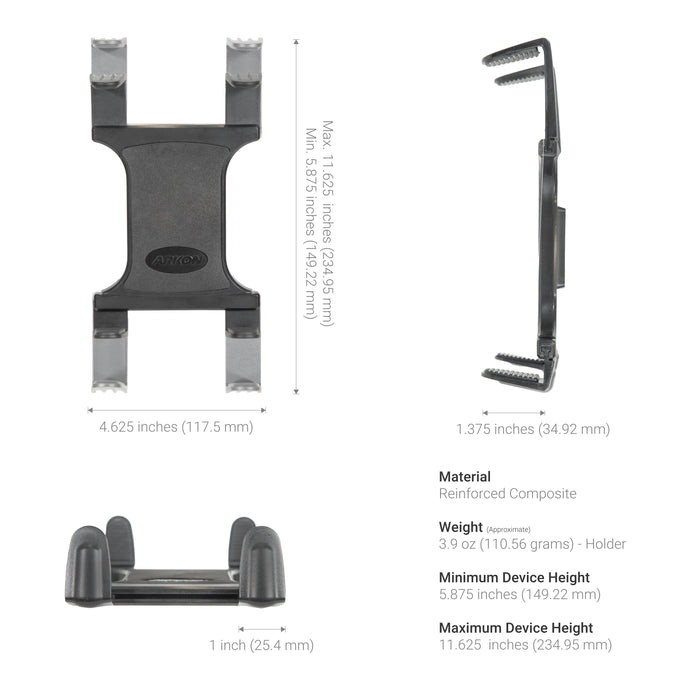 The Slim-Grip® Tripod Tablet Mount with 3.75 Shaft, made from black reinforced composite, features adjustable arms and fits devices 5.875–11.625 inches high. Top, side, and front views are shown alongside details on size, material, and weight.