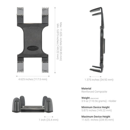 The Slim-Grip® Tripod Tablet Mount with 3.75 Shaft, made from black reinforced composite, features adjustable arms and fits devices 5.875–11.625 inches high. Top, side, and front views are shown alongside details on size, material, and weight.