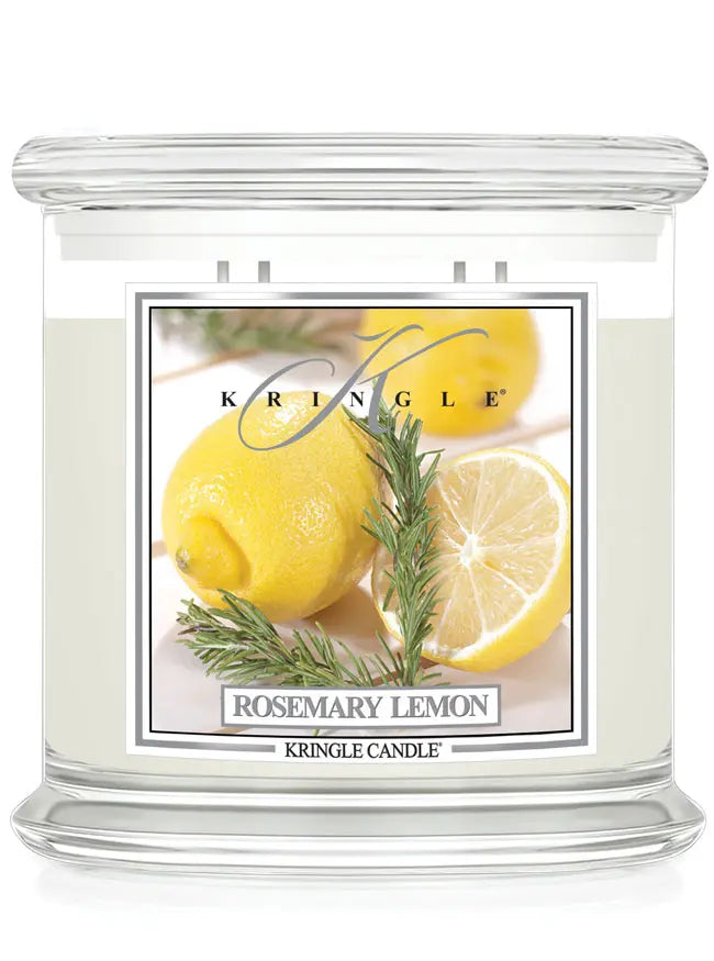 Kringle Candle jar in Rosemary Lemon scent, featuring bright lemons and rosemary sprigs on the label.