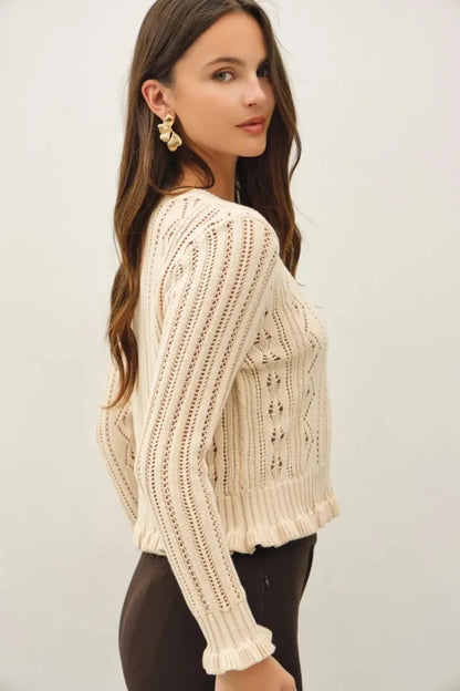 Cream-colored ruffled pointelle crop cardigan with intricate cable and lace knit patterns in long-sleeved design