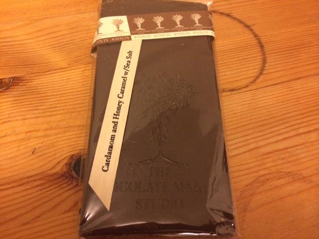 Salted caramel bar by Wildwood Chocolate, Oregon, featuring cardamom and honey caramel with sea salt.