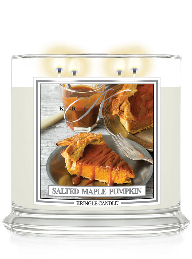 Kringle Candle 4-wick salted maple pumpkin scented candle with a pie and syrup image on the label.