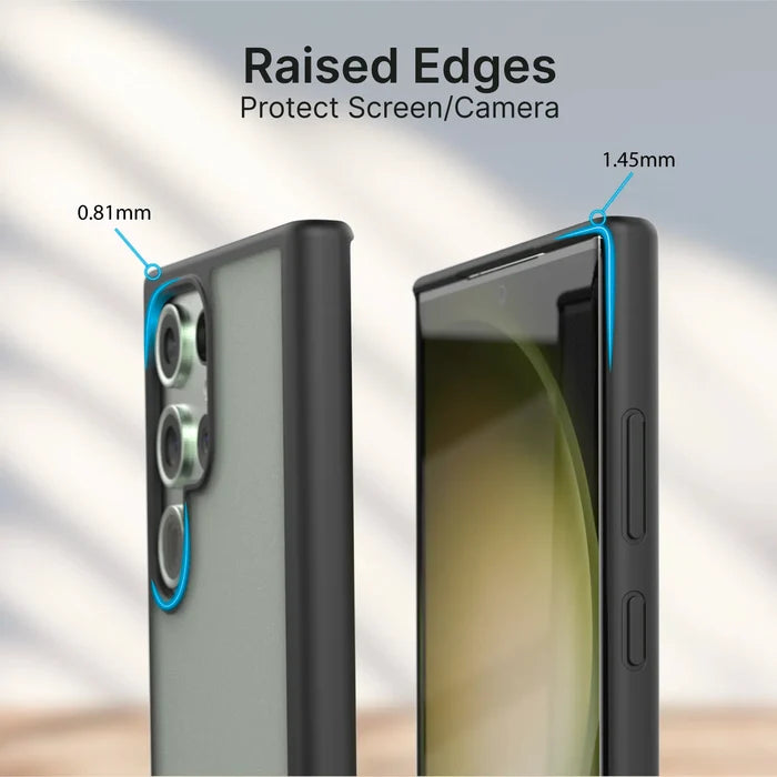 A Samsung Galaxy S23 Ultra in a Catalyst Case US Impact Protection Case appears from front and back. Blue lines show raised edges—1.45mm around the screen, 0.81mm at the camera—with text "Raised Edges Protect Screen/Camera." Background is blurred.