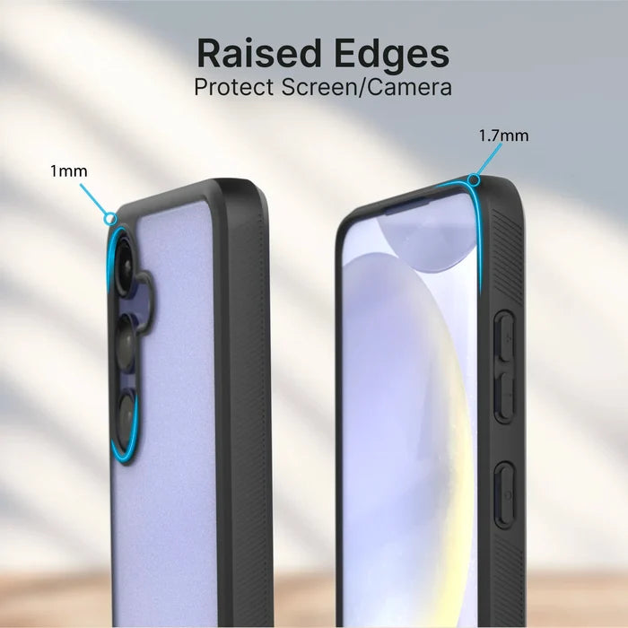 The image shows two black Catalyst Case US Impact Protection Cases for the Samsung Galaxy S24: one highlights a 1mm raised camera edge and the other a 1.7mm raised screen edge, with text: "Raised Edges Protect Screen/Camera.