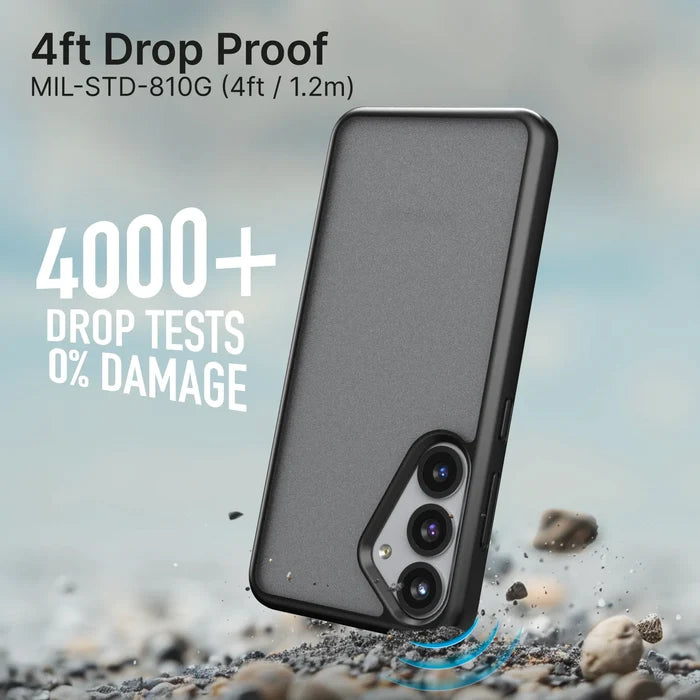 A Samsung Galaxy S25 in a rugged Catalyst Case US Impact Protection Case (Pre-Order) rests on gravel. “4ft Drop Proof MIL-STD-810G. 4000+ Drop Tests, 0% Damage.” Blue impact lines. Scattered pebbles and visible camera lenses.