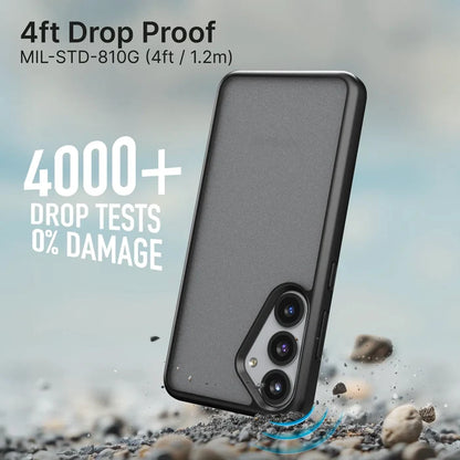 A Samsung Galaxy S25 in a rugged Catalyst Case US Impact Protection Case (Pre-Order) rests on gravel. “4ft Drop Proof MIL-STD-810G. 4000+ Drop Tests, 0% Damage.” Blue impact lines. Scattered pebbles and visible camera lenses.