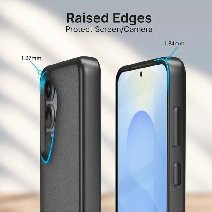 The Catalyst Case US Samsung Galaxy S25 Impact Protection Case (Pre-Order) features 1.34mm raised screen edges and 1.27mm raised camera edges for superior protection. "Raised Edges Protect Screen/Camera." Minimal, clean background design.