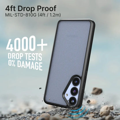 A Samsung Galaxy S25 Plus with a gray Catalyst Case US Impact Protection Case lies on rocky ground, tilted as if just dropped. Text reads: "4ft Drop Proof MIL-STD-810G" and "4000+ DROP TESTS 0% DAMAGE," with blue impact lines showing durability.