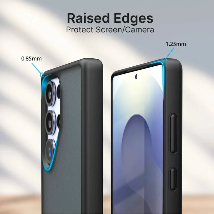 The Catalyst Case US Impact Protection Case for Samsung Galaxy S25 Ultra is shown from the back and front, highlighting raised edges: 0.85mm around the camera and 1.25mm around the screen for extra protection. Camera lenses and display are visible. (Pre-Order).