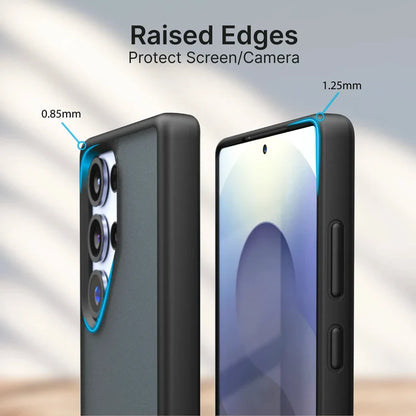 The Catalyst Case US Impact Protection Case for Samsung Galaxy S25 Ultra is shown from the back and front, highlighting raised edges: 0.85mm around the camera and 1.25mm around the screen for extra protection. Camera lenses and display are visible. (Pre-Order).