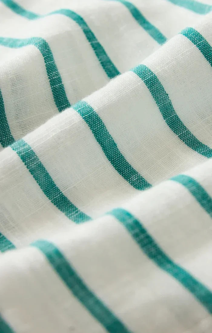 White fabric with teal green stripes detail on the saturdays stripe button down shirt for casual wear