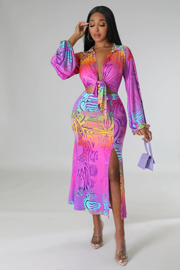 Sexy Lace up Long Sleeved Cardigan Popular Floral Print Slit  Two Piece Set
