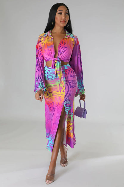 Sexy Lace up Long Sleeved Cardigan Popular Floral Print Slit  Two Piece Set