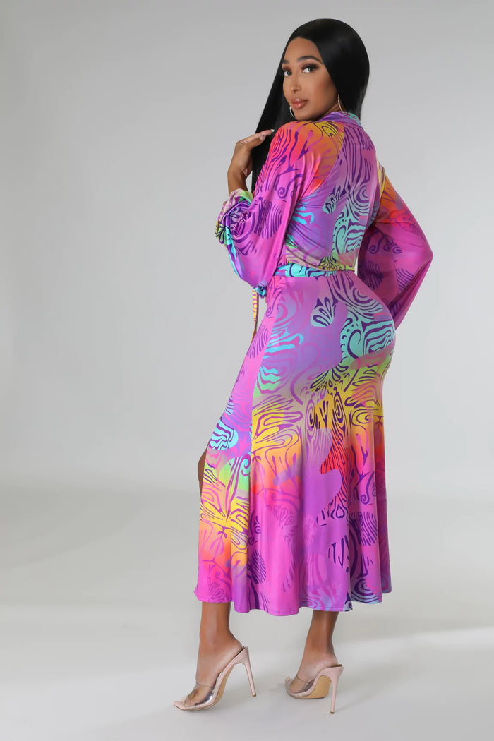 Sexy Lace up Long Sleeved Cardigan Popular Floral Print Slit  Two Piece Set