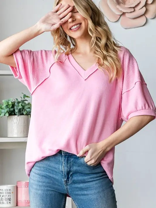 Short Sleeve V Neck Solid Top