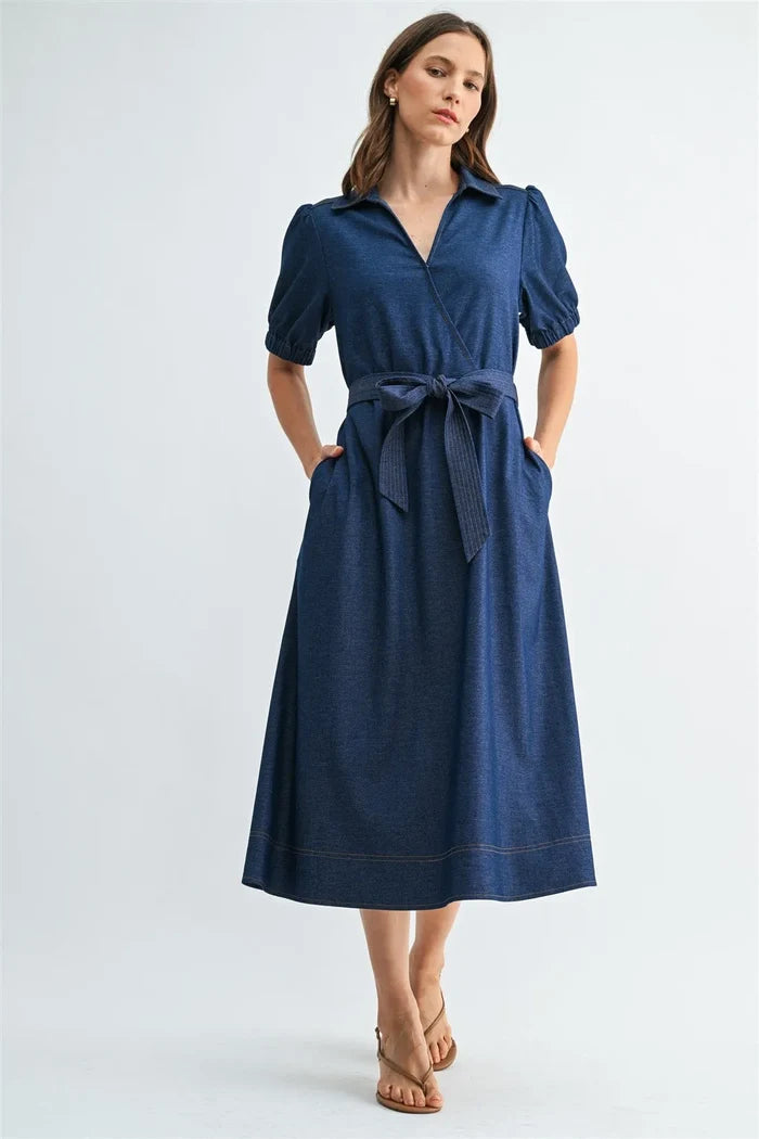Navy blue cotton short sleeve wrap midi dress with collar puff sleeves and tie waist self-tie belt design
