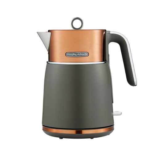 Grey and copper electric kettle with Morphy Richards logo on a white background