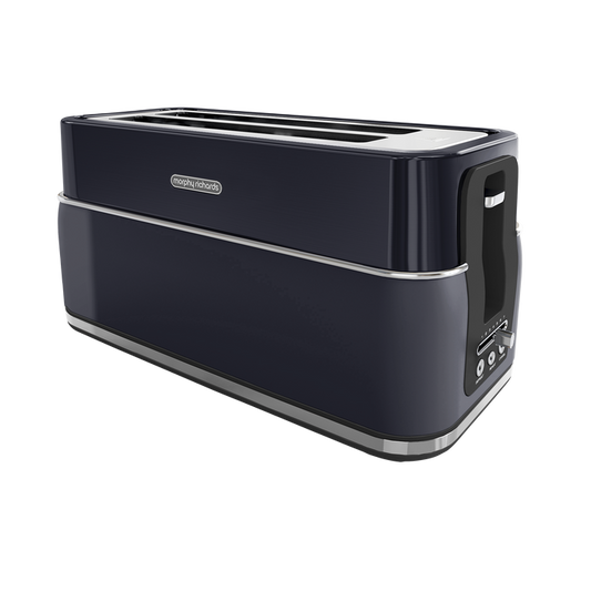 A blue 4-slice toaster with extra-long slots, variable browning controls, and a removable crumb tray.