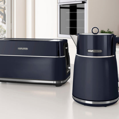 navy kettle and toaster set in kitchen