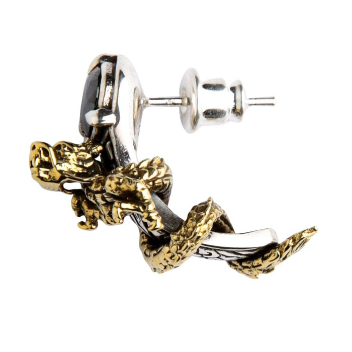 A men's single stud earring featuring a brass dragon wrapping around a sterling silver base.