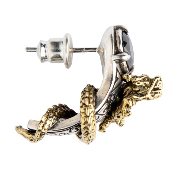 A biker-style dragon stud earring with a black stone accent, shown with its post and butterfly back.