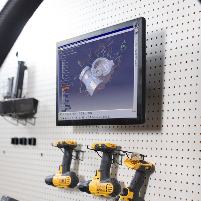 Pegboard mounted single monitor mount with tilt, swivel, and rotation.