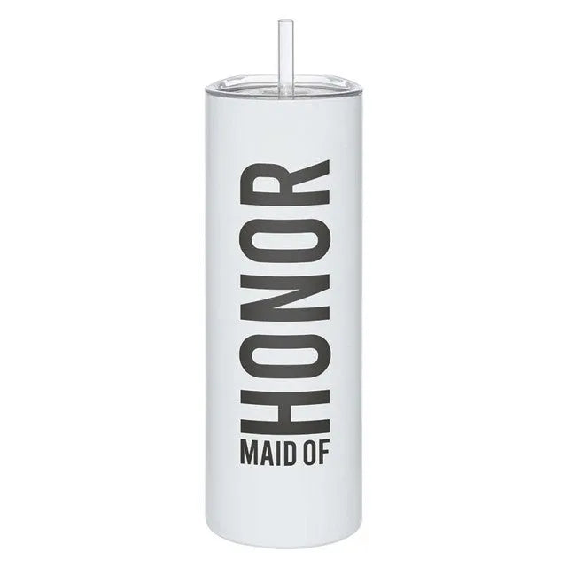 White honor skinny tumbler with straw featuring double-wall insulation and BPA-free lid