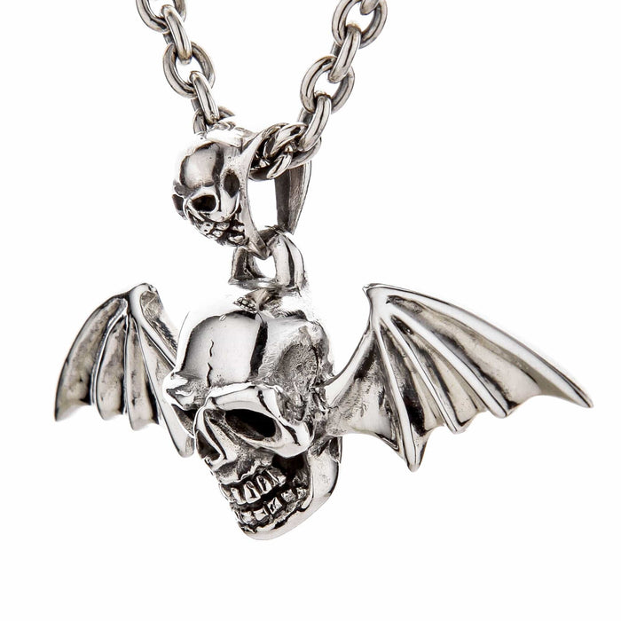 A side profile of the men's biker skull pendant on a chain, showing the three-dimensional depth.