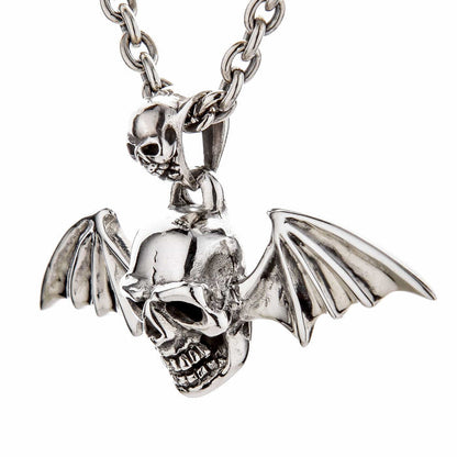 A side profile of the men's biker skull pendant on a chain, showing the three-dimensional depth.