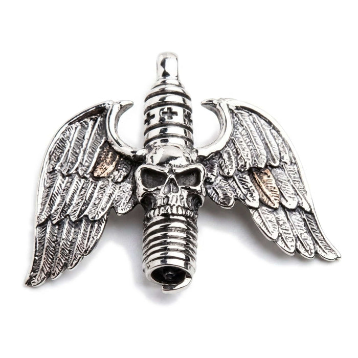Front view of the solid .925 sterling silver gothic pendant featuring a skull and spark plug design with spread wings.
