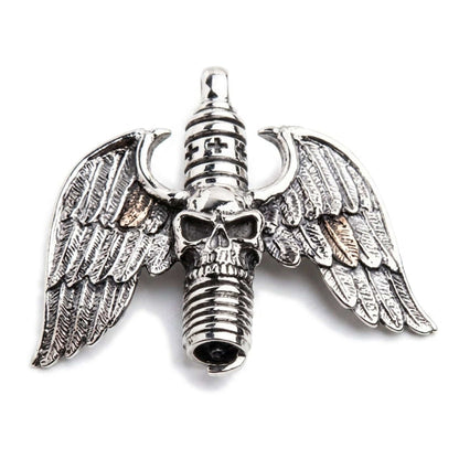 Front view of the solid .925 sterling silver gothic pendant featuring a skull and spark plug design with spread wings.