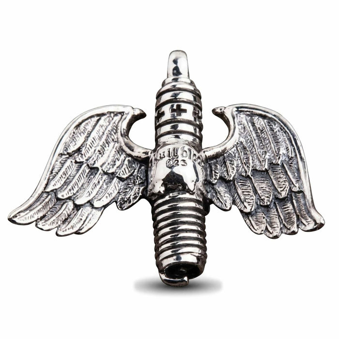 Reverse side detailing the engraved 925 hallmark on the ribbed spark plug body and textured wing feathers.