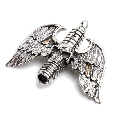 Angled perspective highlighting the bottom spark plug threads and skull face on the silver winged pendant.