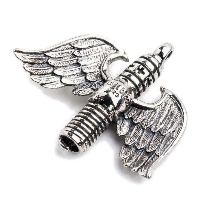 Top-down view of the silver biker pendant revealing cross engravings on the upper spark plug section.