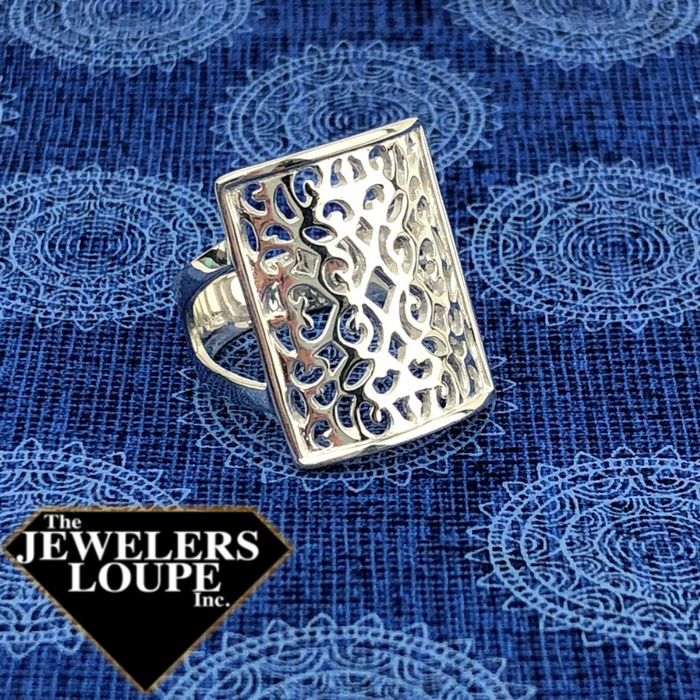 Southern Gates Rectangle Scroll Ring from the Southern Gates® Classic Series  Size 8   Ornamental ironwork found throughout the country has inspired the Southern Gates® Collection.  The delicate designs once forged in iron represent a legacy that continues through the presence of iron gates in cities and towns across the country and around the globe.  The filigree, scroll and tracery patterns found in the Southern Gates® Collection are unique, yet familiar.  The Southern Gates® represent timeles