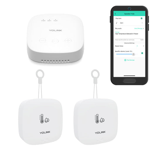 SpeakerHub & Two Weatherproof Outdoor Temperature & Humidity Sensors Smart Home Starter Kit - YoLink