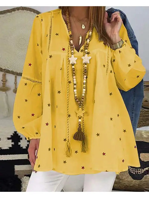 Star Print Hollowout Lantern Sleeve Top