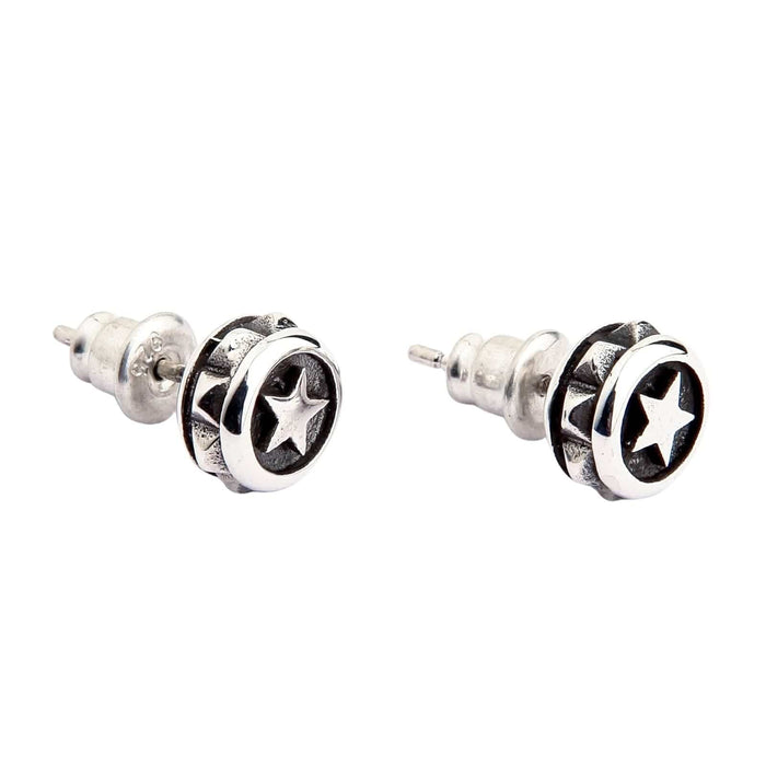 A detailed close-up of the handmade biker star earrings, highlighting the polished star and textured edges.