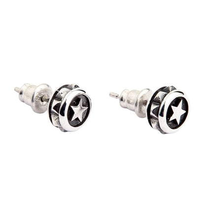 A detailed close-up of the handmade biker star earrings, highlighting the polished star and textured edges.