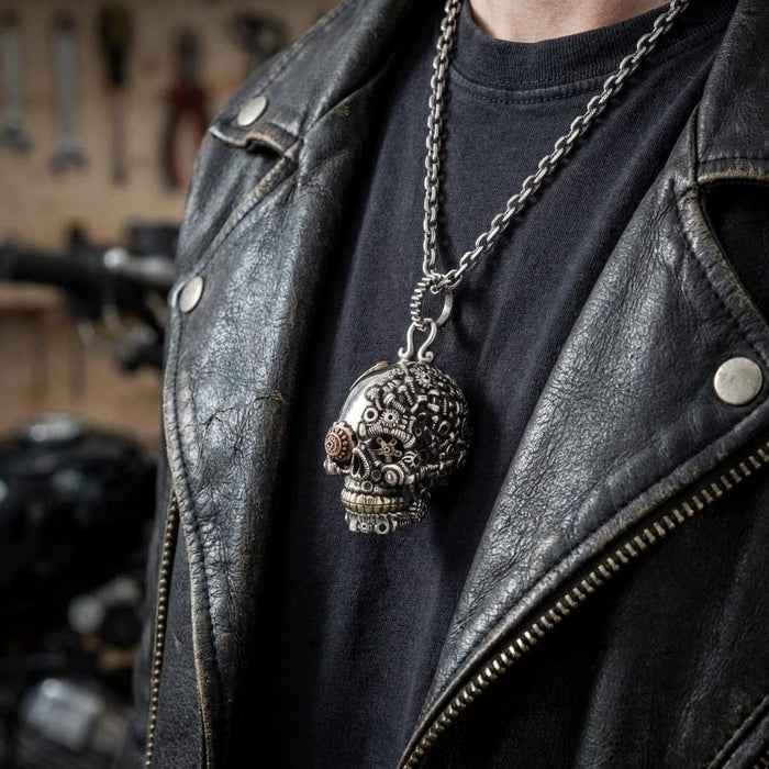 Close-up of a model wearing a black leather jacket, showcasing a heavy silver steampunk skull pendant necklace detailed with intricate mechanical gears, cogs, and copper accents.