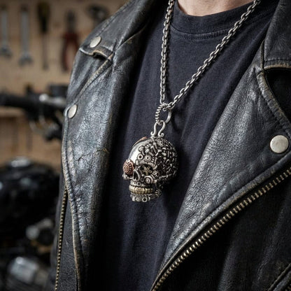 Close-up of a model wearing a black leather jacket, showcasing a heavy silver steampunk skull pendant necklace detailed with intricate mechanical gears, cogs, and copper accents.
