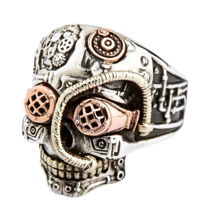 A handcrafted two-tone steampunk ring showcasing its mechanical parts.
