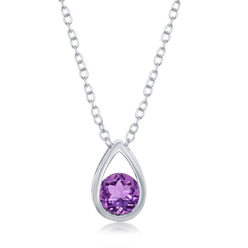 Sterling Silver Open Pear shaped Pendant with Round Amethyst on 16+2" Adjustable Sterling Silver Chain.