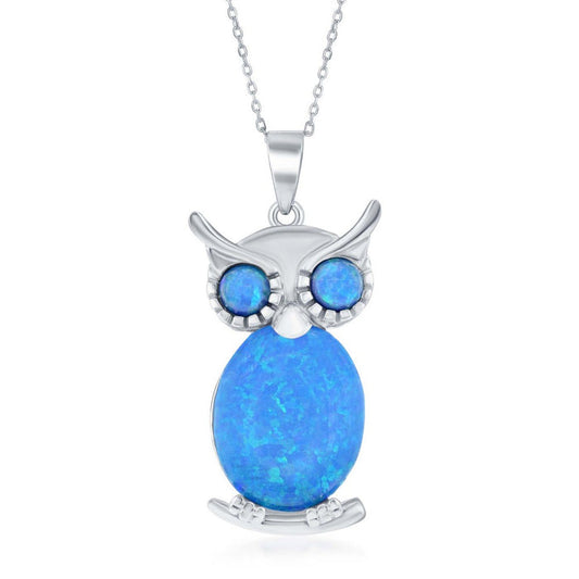 Sterling Silver Blue Created Opal Inlay Owl Pendant with 18" Sterling Silver Chain.