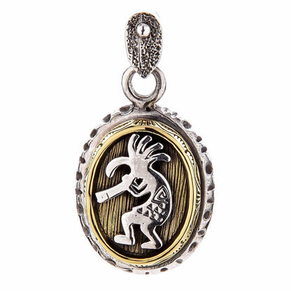 Sterling silver and brass Kokopelli pendant featuring a hand-carved Native American deity playing a flute.
